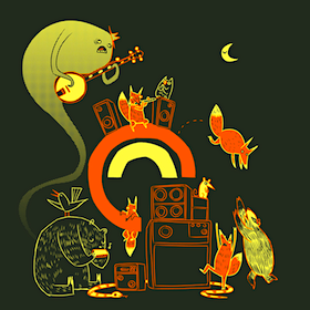 An old logo for The Echo Nest, depictig cute animated animals gathered around a speaker, perhaps dancing, and a ghost playing banjo.